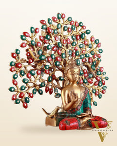 Brass Buddha Blessing Idol & Handcrafted Kalpavriksha Tree