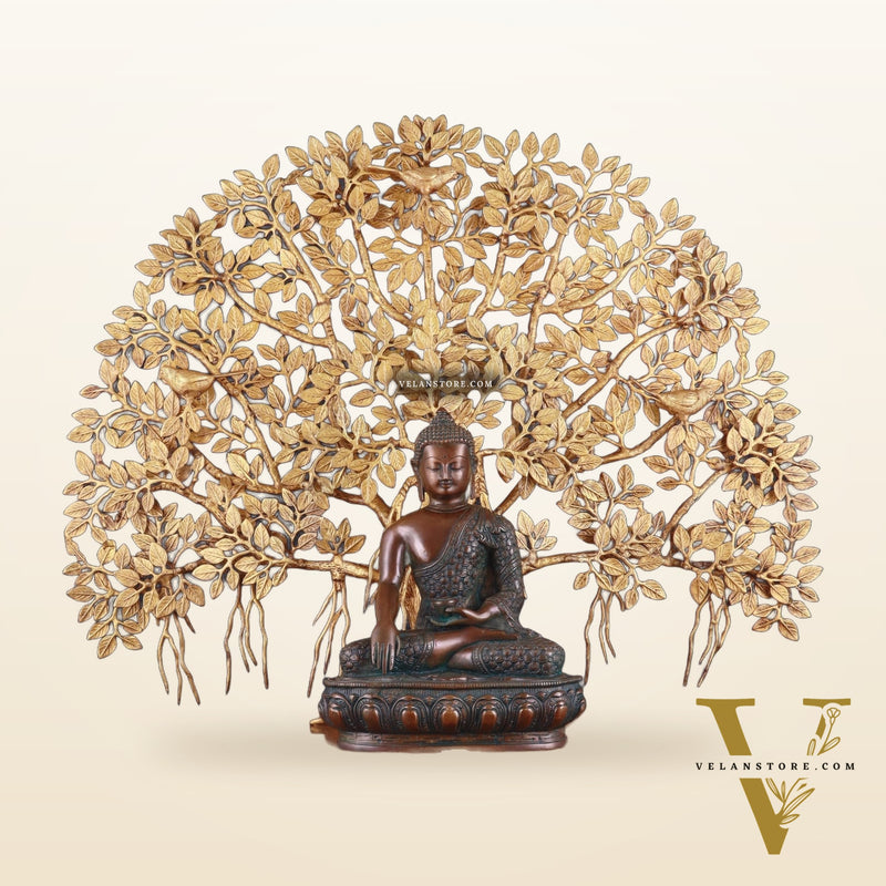 Brass Buddha Blessing Statue & Superfine Kalpavriksha Tree – 29"