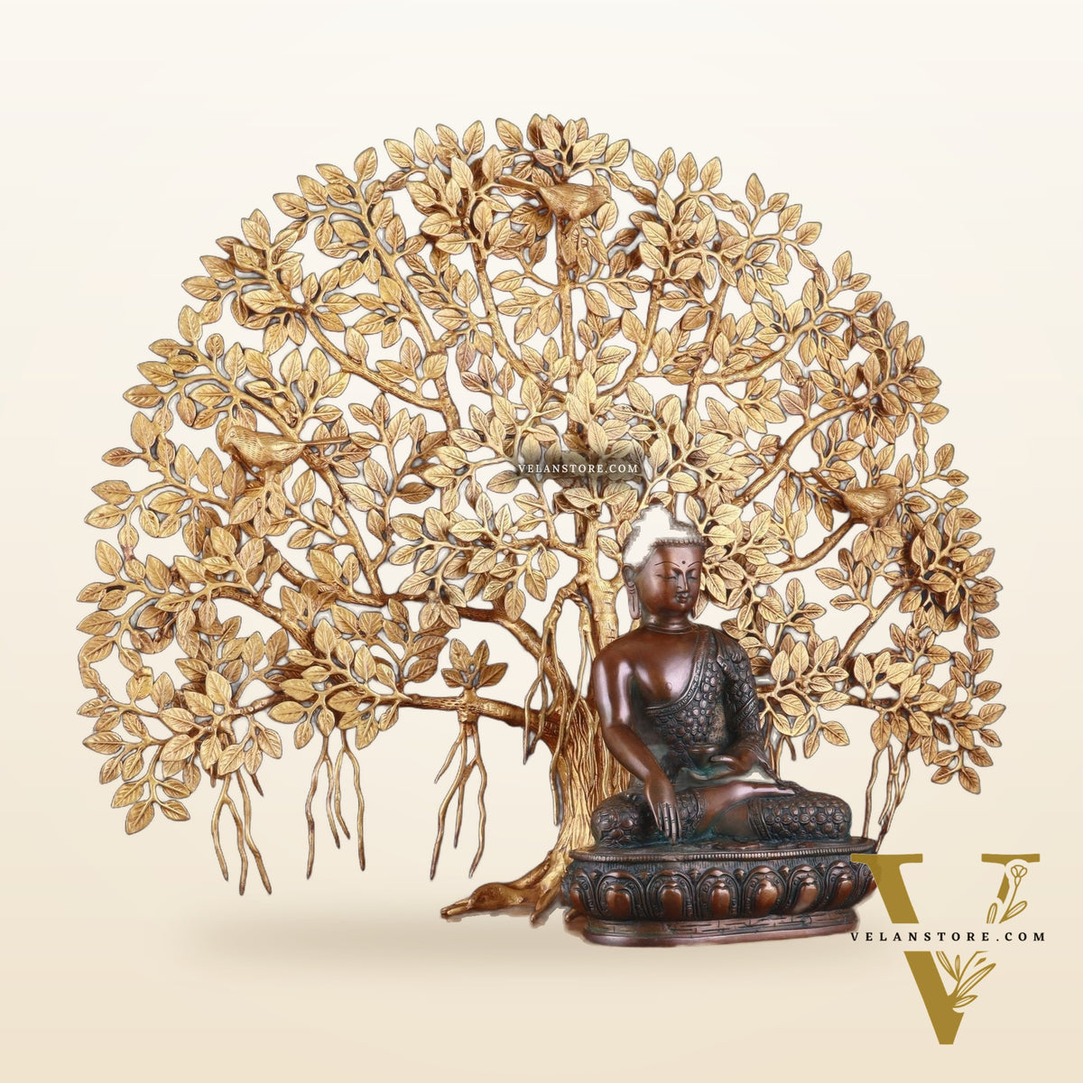 Brass Buddha Blessing Statue & Superfine Kalpavriksha Tree – 29"