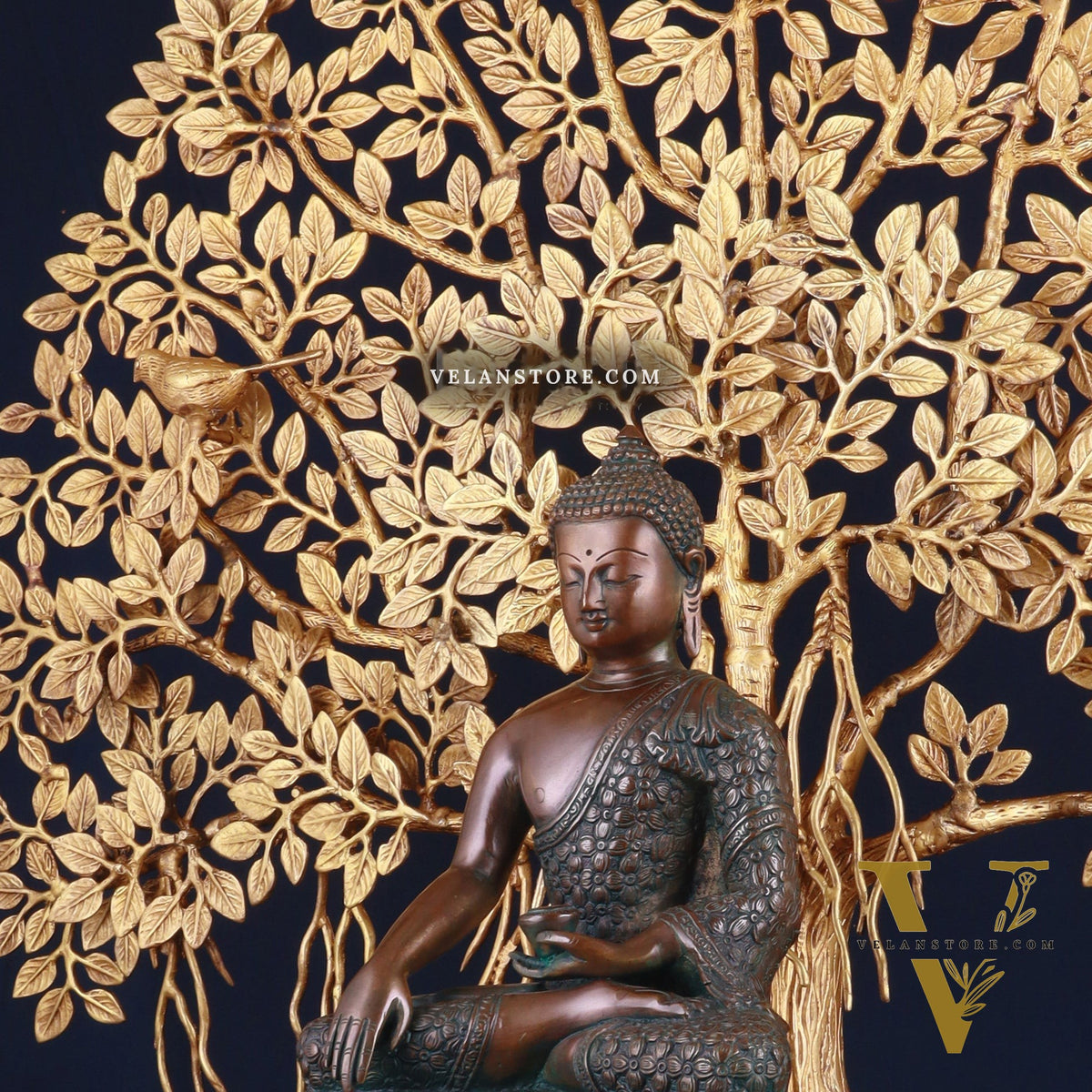 Brass Buddha Blessing Statue & Superfine Kalpavriksha Tree – 29"