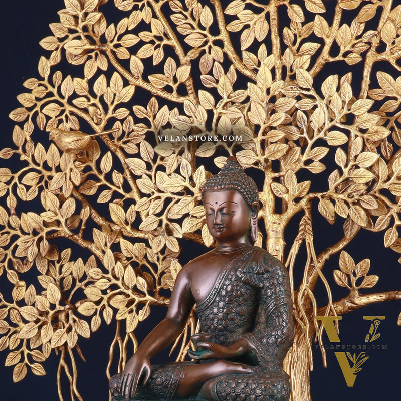 Brass Buddha Blessing Statue & Superfine Kalpavriksha Tree – 29"