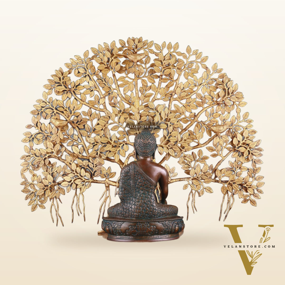 Brass Buddha Blessing Statue & Superfine Kalpavriksha Tree – 29"