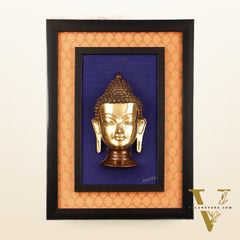 Brass Buddha Face Wall Hanging on Wooden Frame with Premium Fabric - 16.5" x 12"
