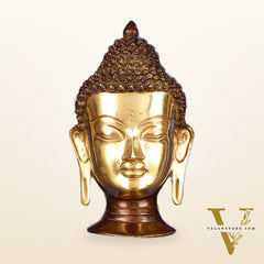 Brass Buddha Face Wall Hanging on Wooden Frame with Premium Fabric - 16.5" x 12"