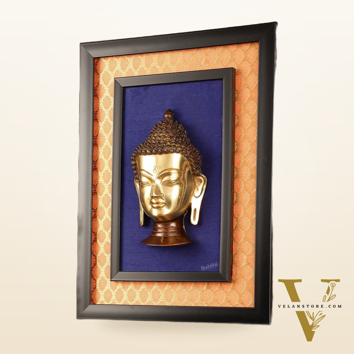 Brass Buddha Face Wall Hanging on Wooden Frame with Premium Fabric - 16.5" x 12"