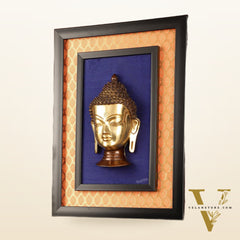 Brass Buddha Face Wall Hanging on Wooden Frame with Premium Fabric - 16.5" x 12"