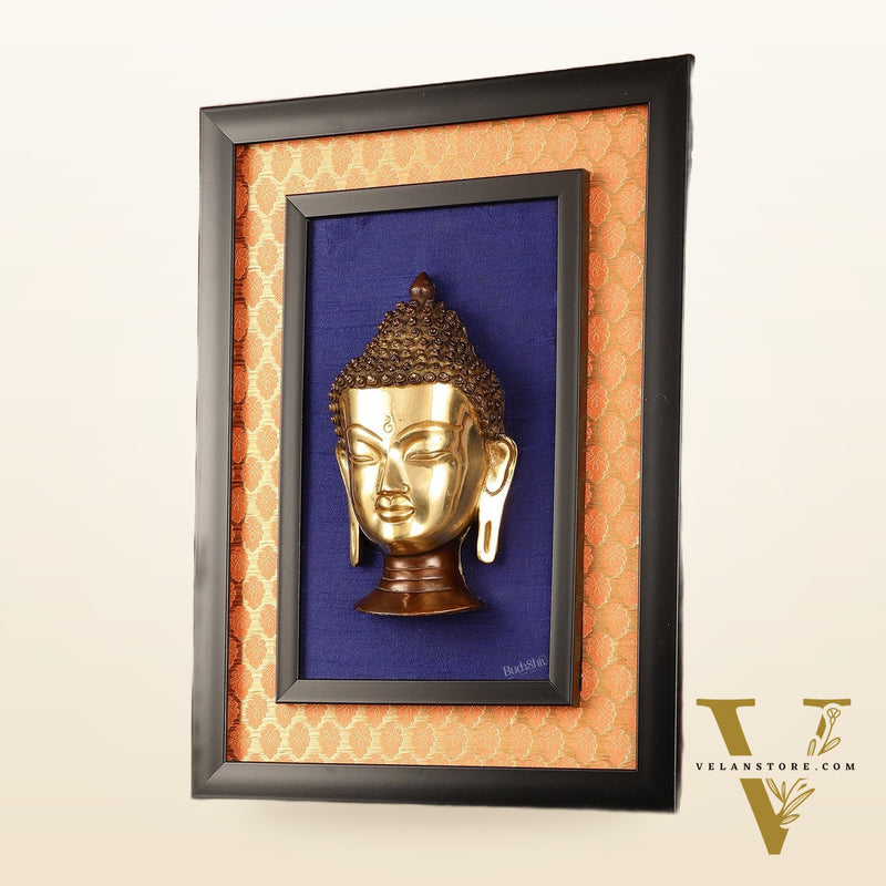 Brass Buddha Face Wall Hanging on Wooden Frame with Premium Fabric - 16.5" x 12"