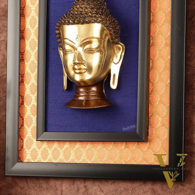 Brass Buddha Face Wall Hanging on Wooden Frame with Premium Fabric - 16.5" x 12"