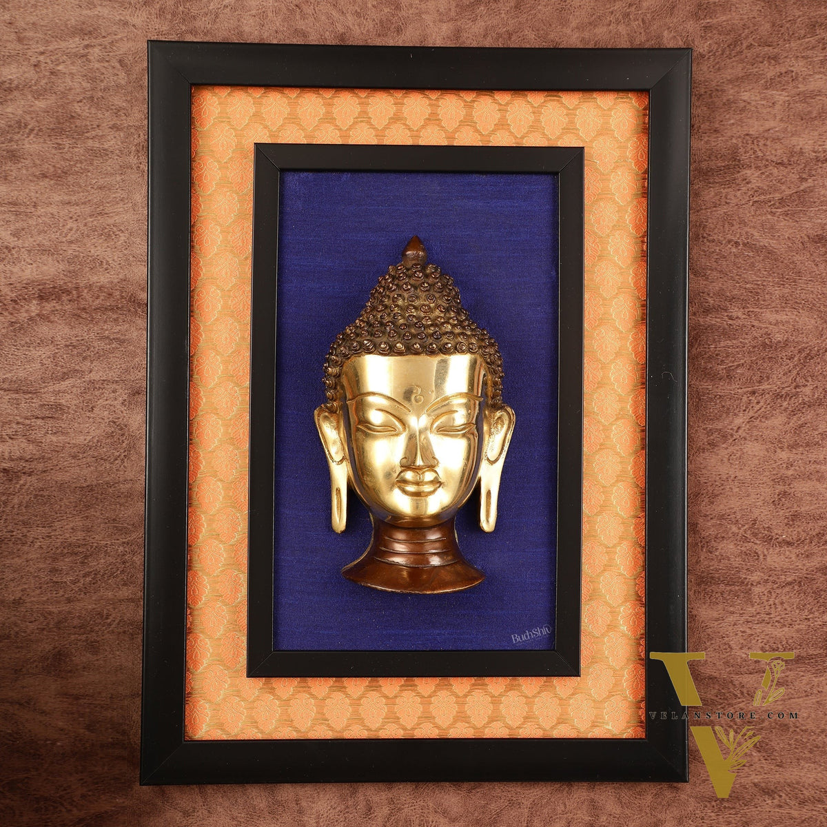 Brass Buddha Face Wall Hanging on Wooden Frame with Premium Fabric - 16.5" x 12"