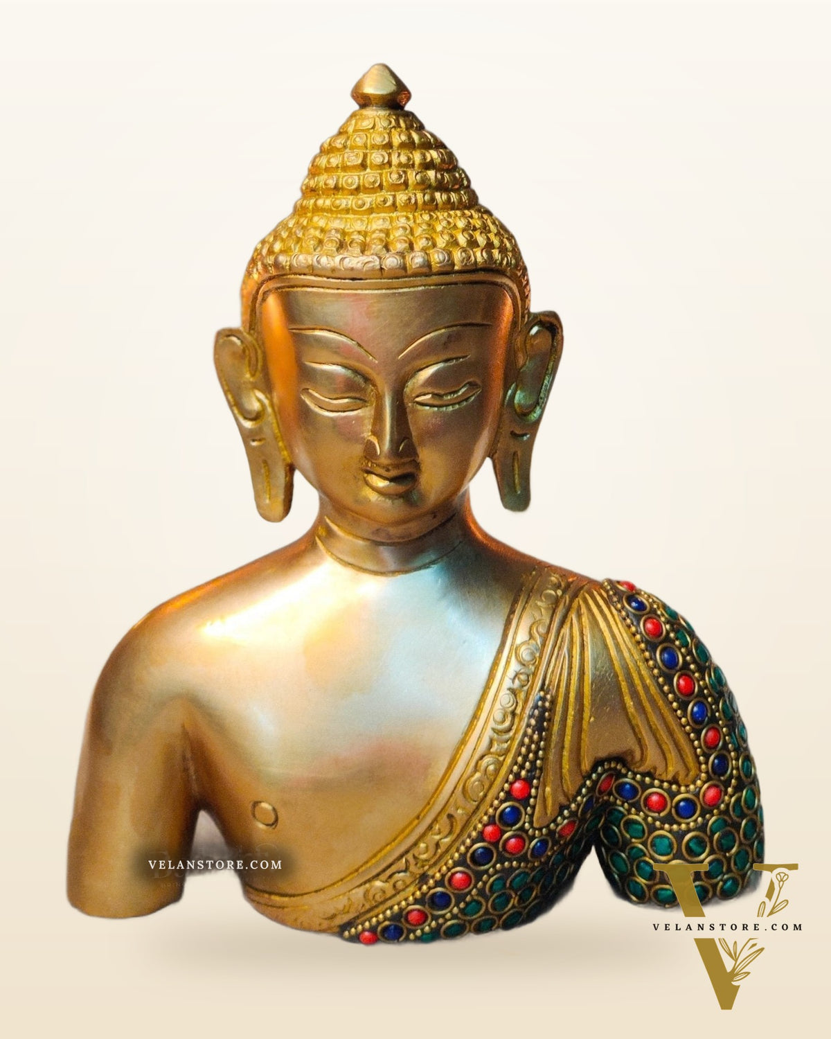Brass Buddha head buddha Bust with Natural Stones 8 inch
