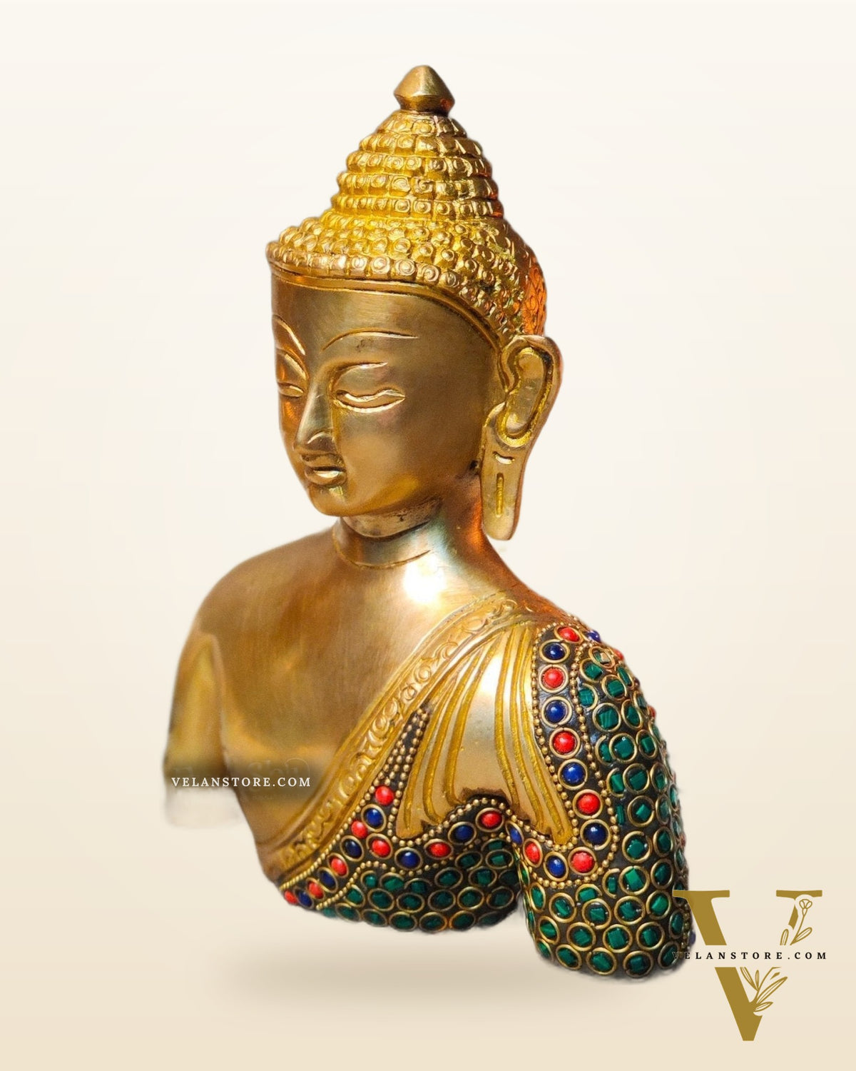 Brass Buddha head buddha Bust with Natural Stones 8 inch