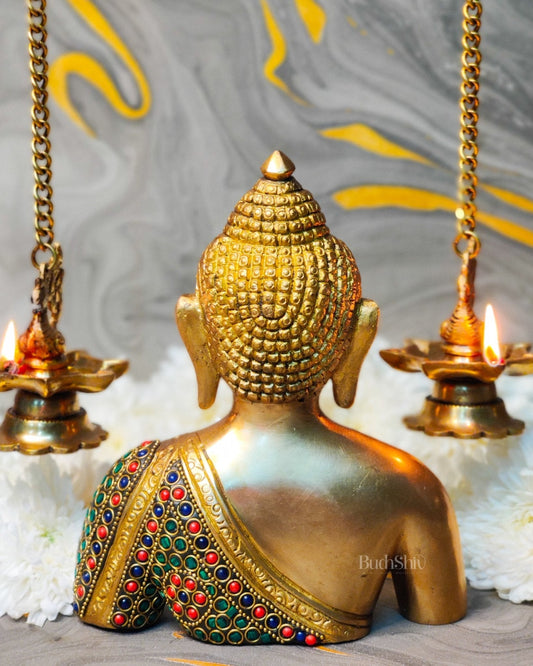 Brass Buddha head buddha Bust with Natural Stones 8 inch