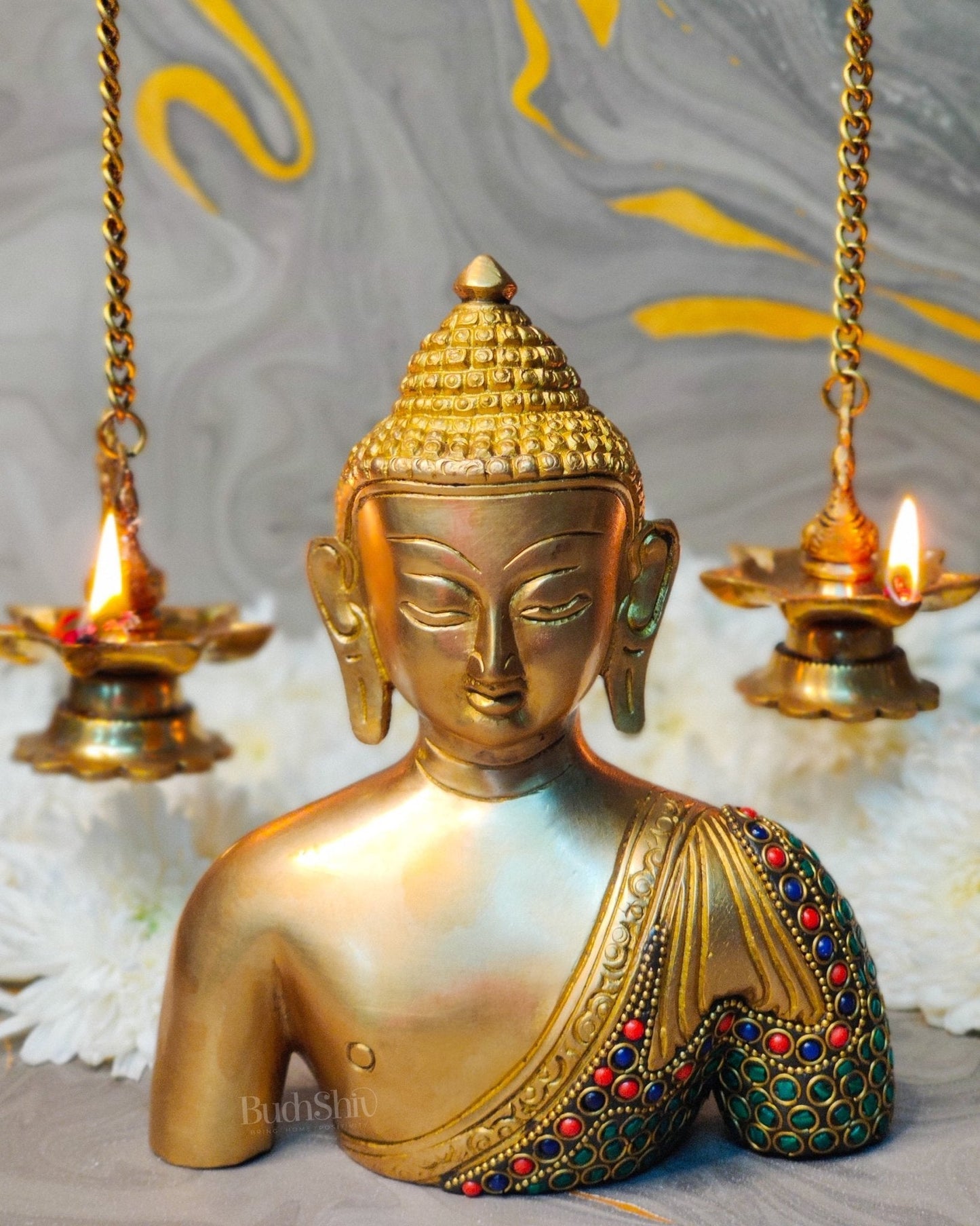 Brass Buddha head buddha Bust with Natural Stones 8 inch