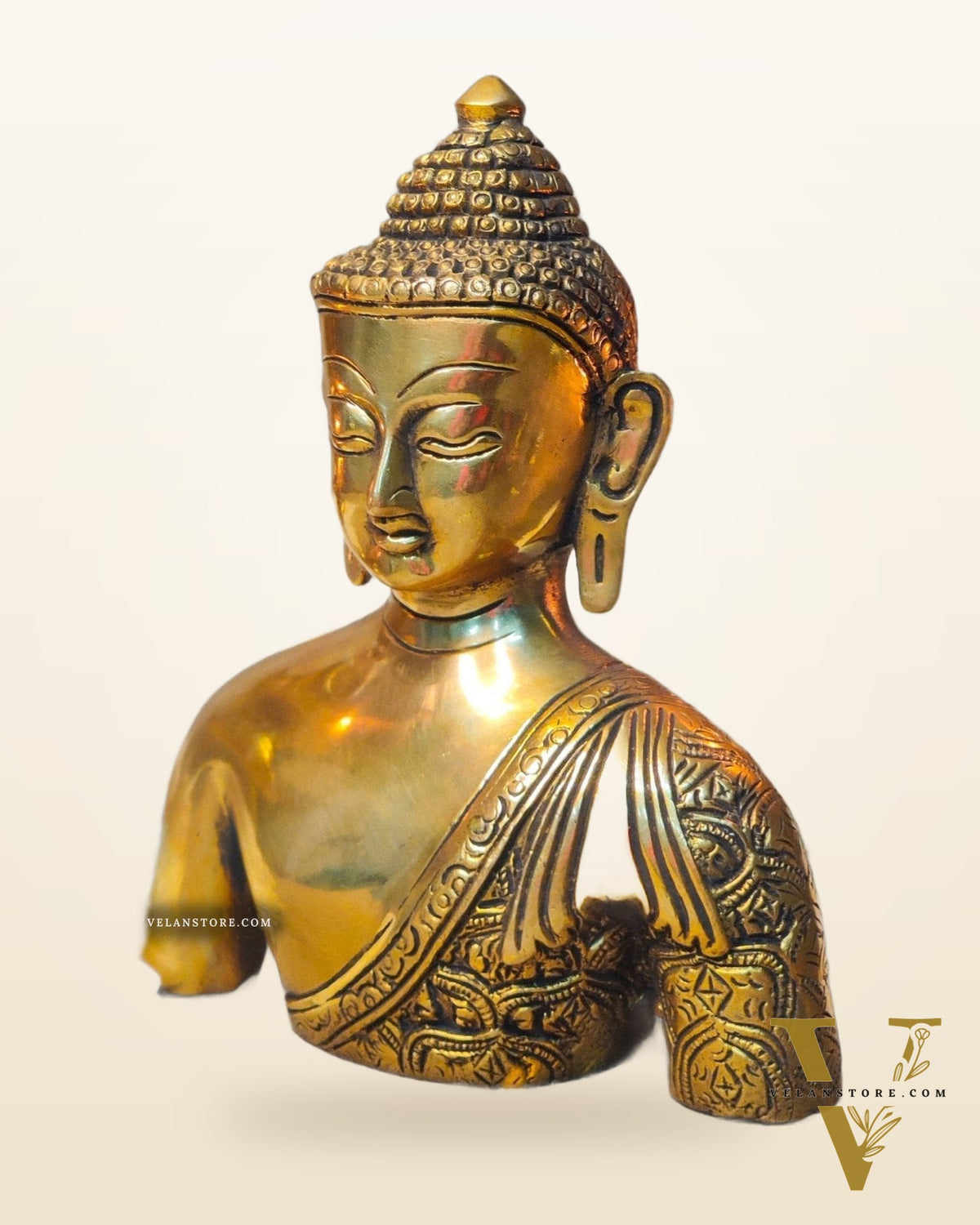 Brass Buddha Head Bust with Engraving - 8 inch