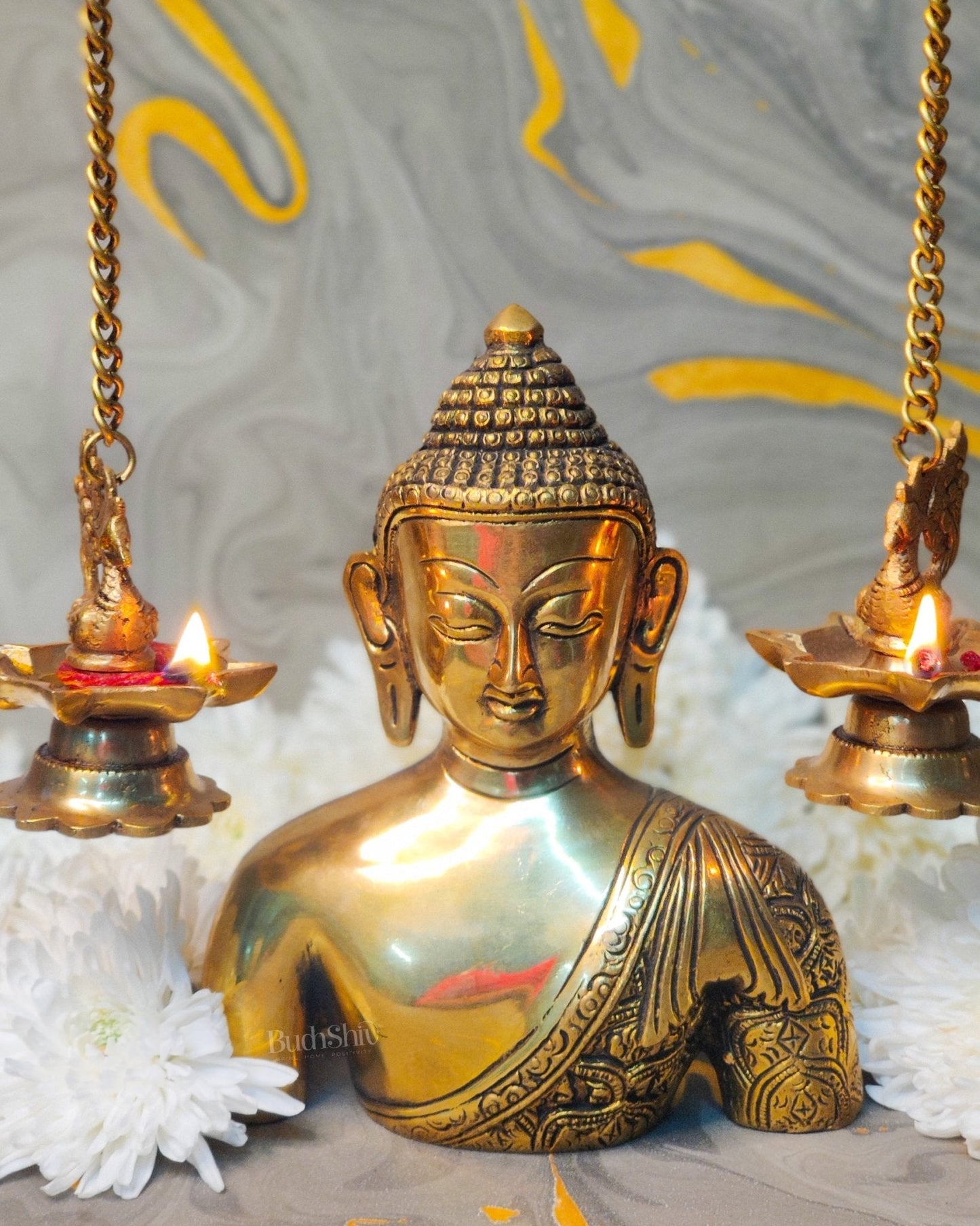 Brass Buddha Head Bust with Engraving - 8 inch