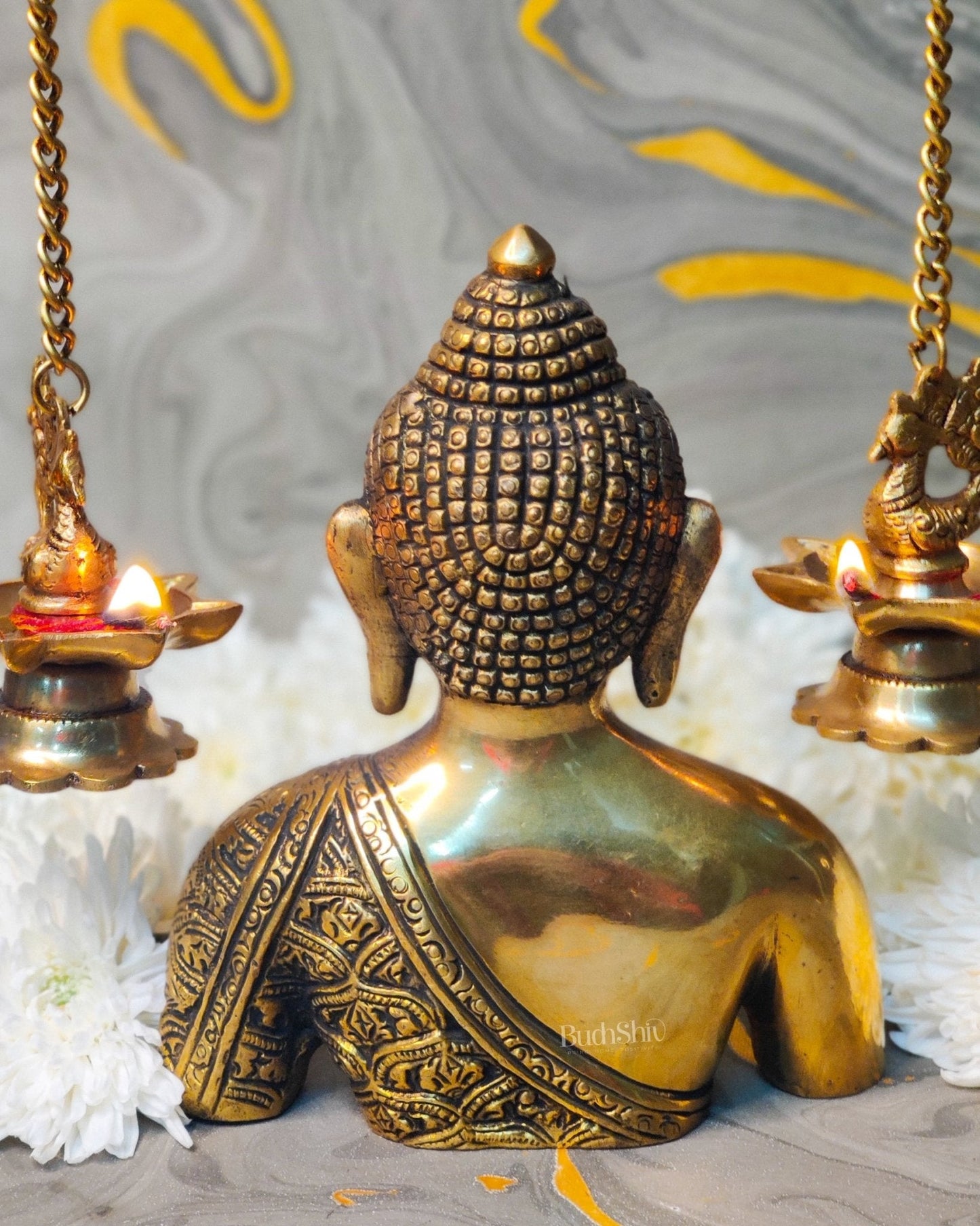 Brass Buddha Head Bust with Engraving - 8 inch