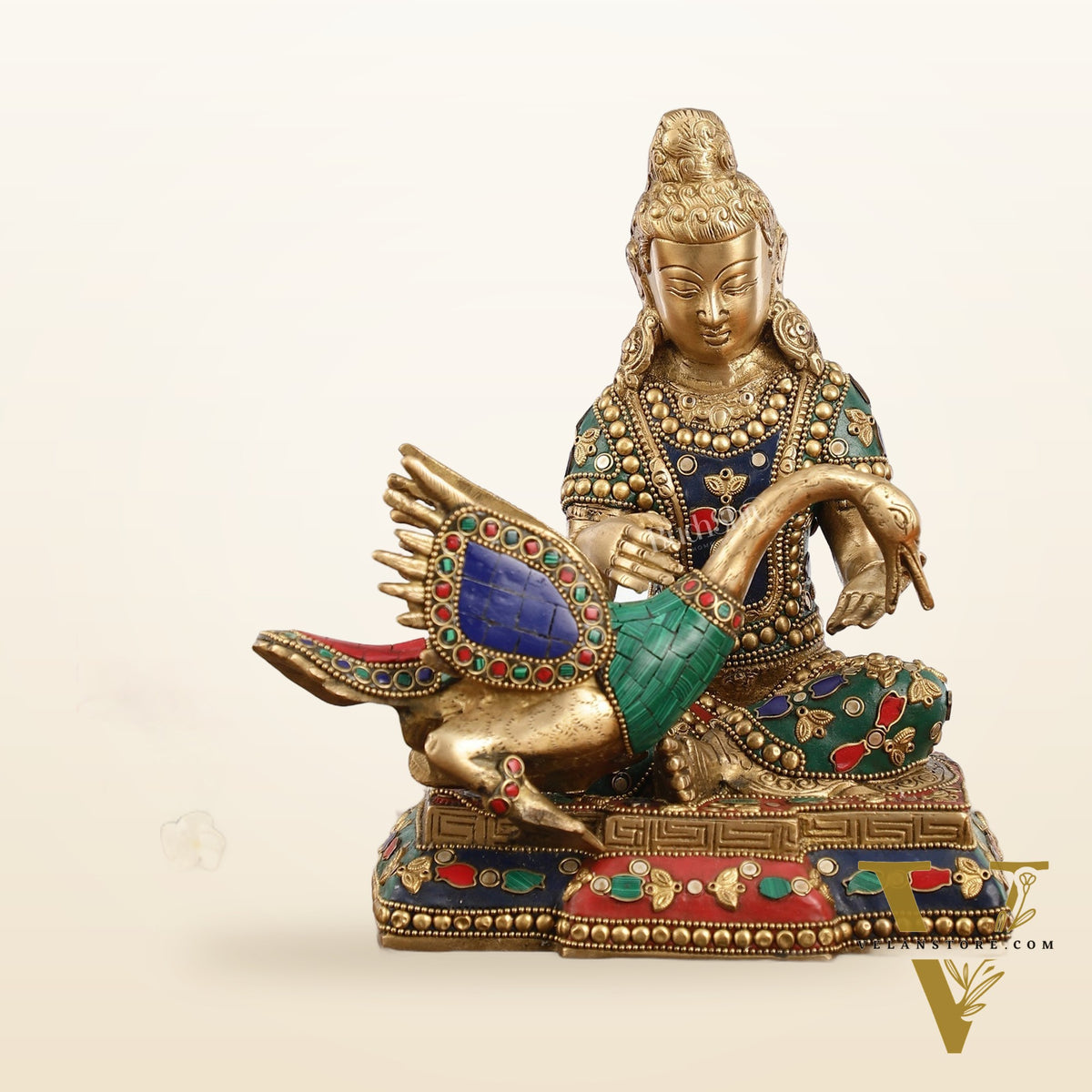 Brass Buddha Healing the Swan Statue | Meenakari Art | 9" Height
