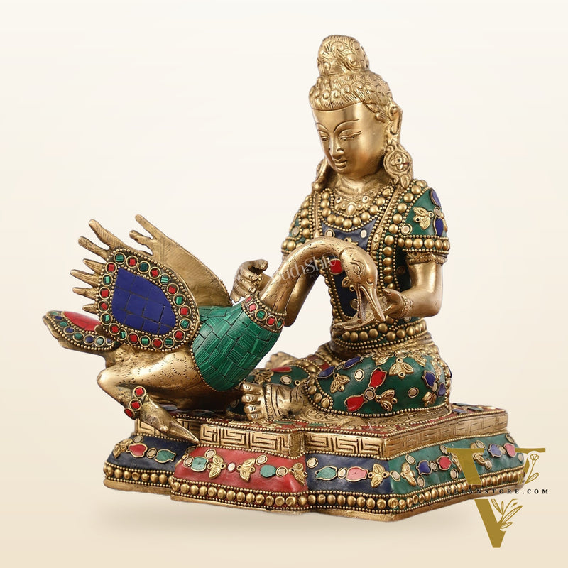 Brass Buddha Healing the Swan Statue | Meenakari Art | 9" Height