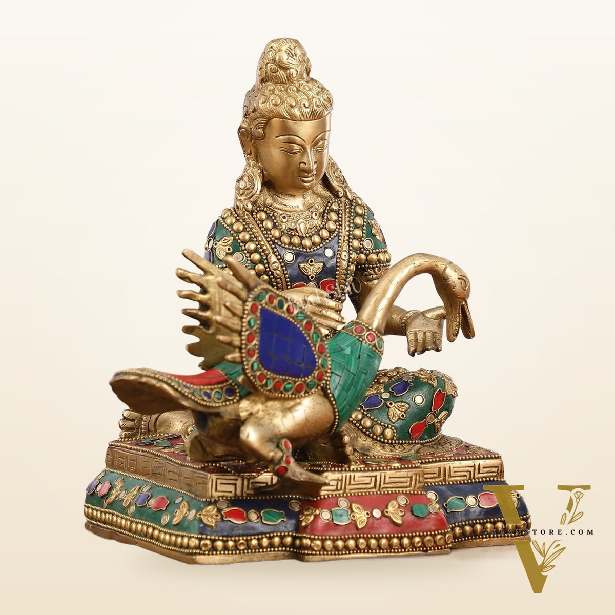 Brass Buddha Healing the Swan Statue | Meenakari Art | 9" Height