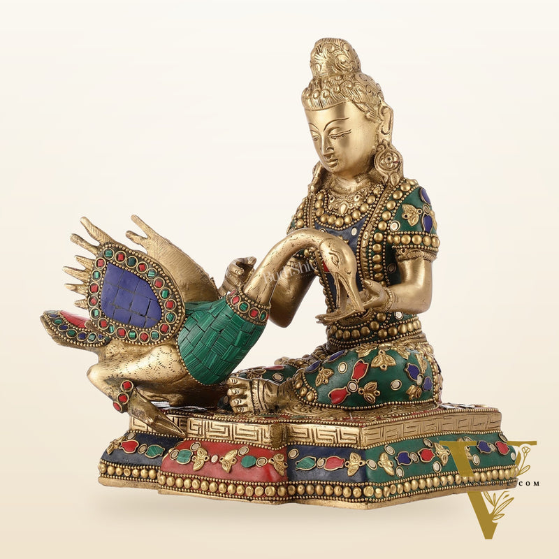 Brass Buddha Healing the Swan Statue | Meenakari Art | 9" Height