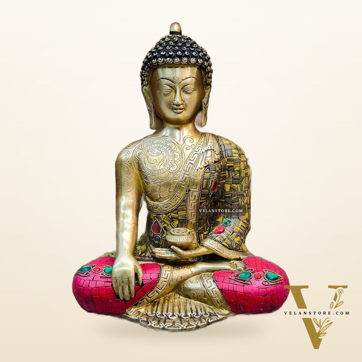 Brass Buddha Idol Meenakari Stonework | 12.5" x 9" x 6"