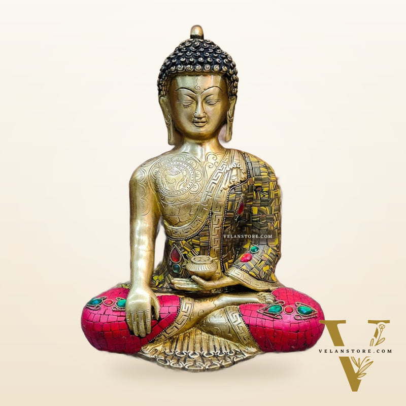 Brass Buddha Idol Meenakari Stonework | 12.5" x 9" x 6"