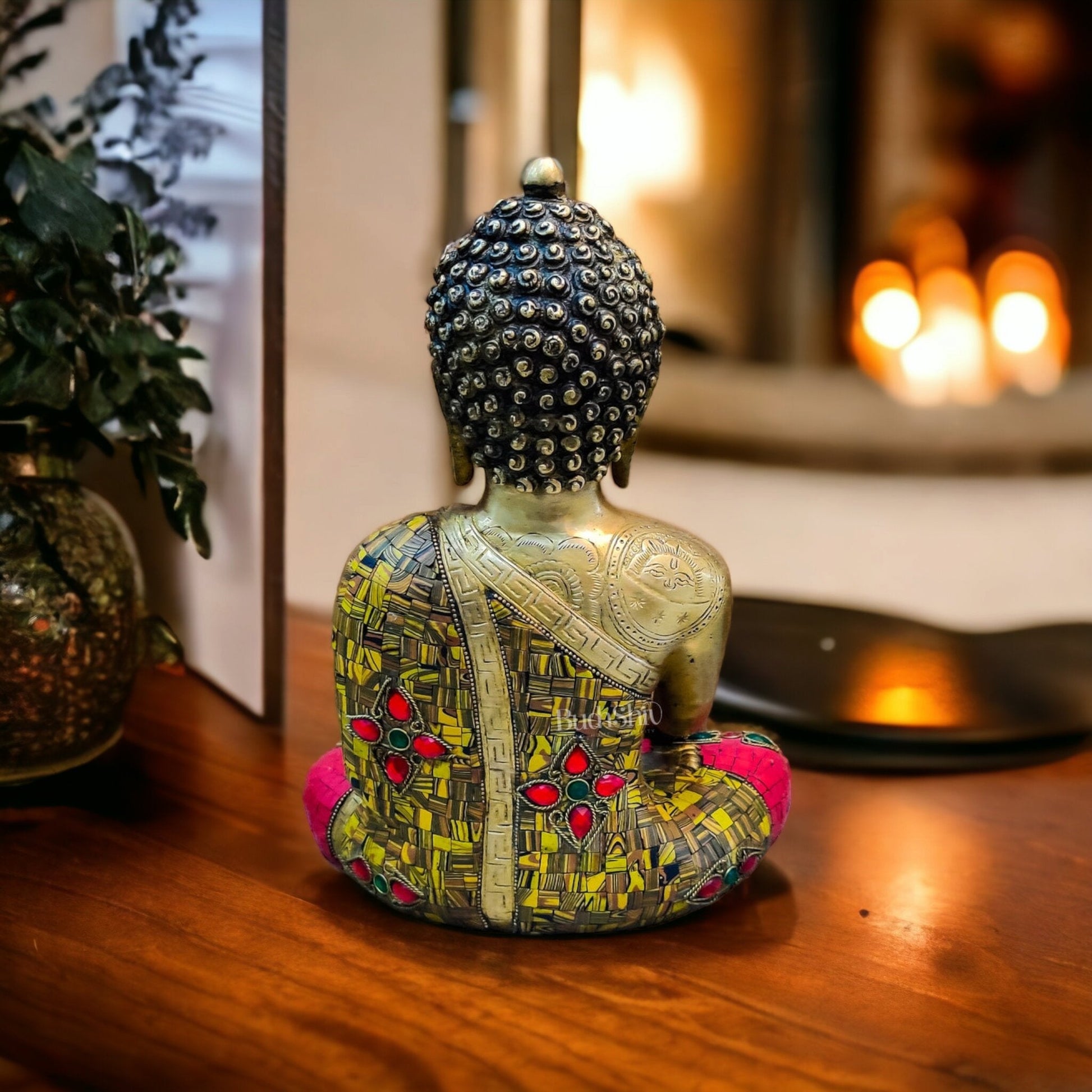 Brass Buddha Idol Meenakari Stonework | 12.5" x 9" x 6"