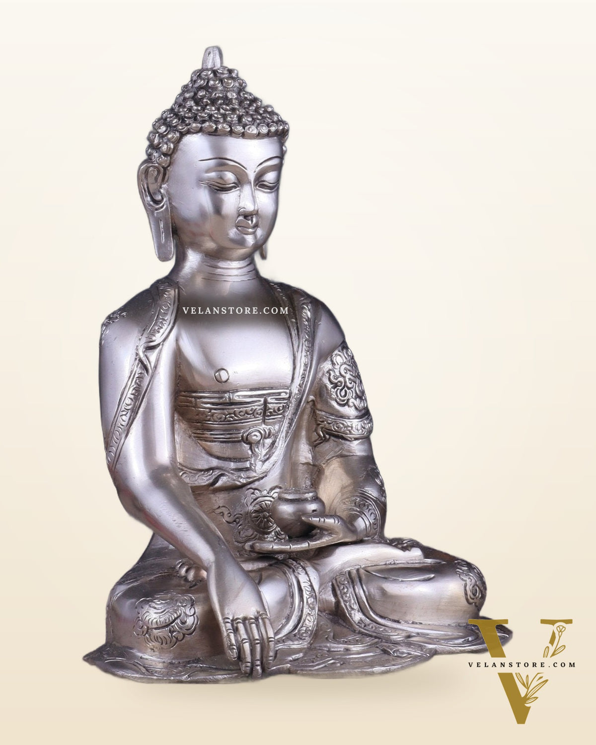 Brass Buddha Idol with Abhaya Mudra - 10 Inch silver plated