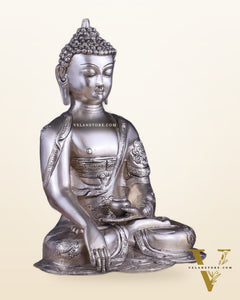 Brass Buddha Idol with Abhaya Mudra - 10 Inch silver plated