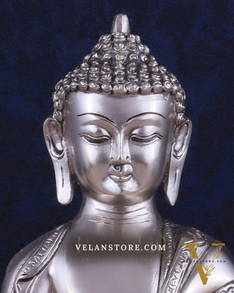 Brass Buddha Idol with Abhaya Mudra - 10 Inch silver plated
