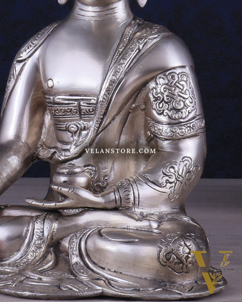 Brass Buddha Idol with Abhaya Mudra - 10 Inch silver plated