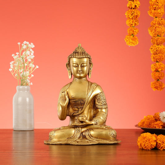 Brass Buddha Idol with Abhaya Mudra - 10 Inch