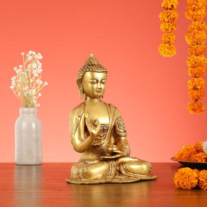 Brass Buddha Idol with Abhaya Mudra - 10 Inch