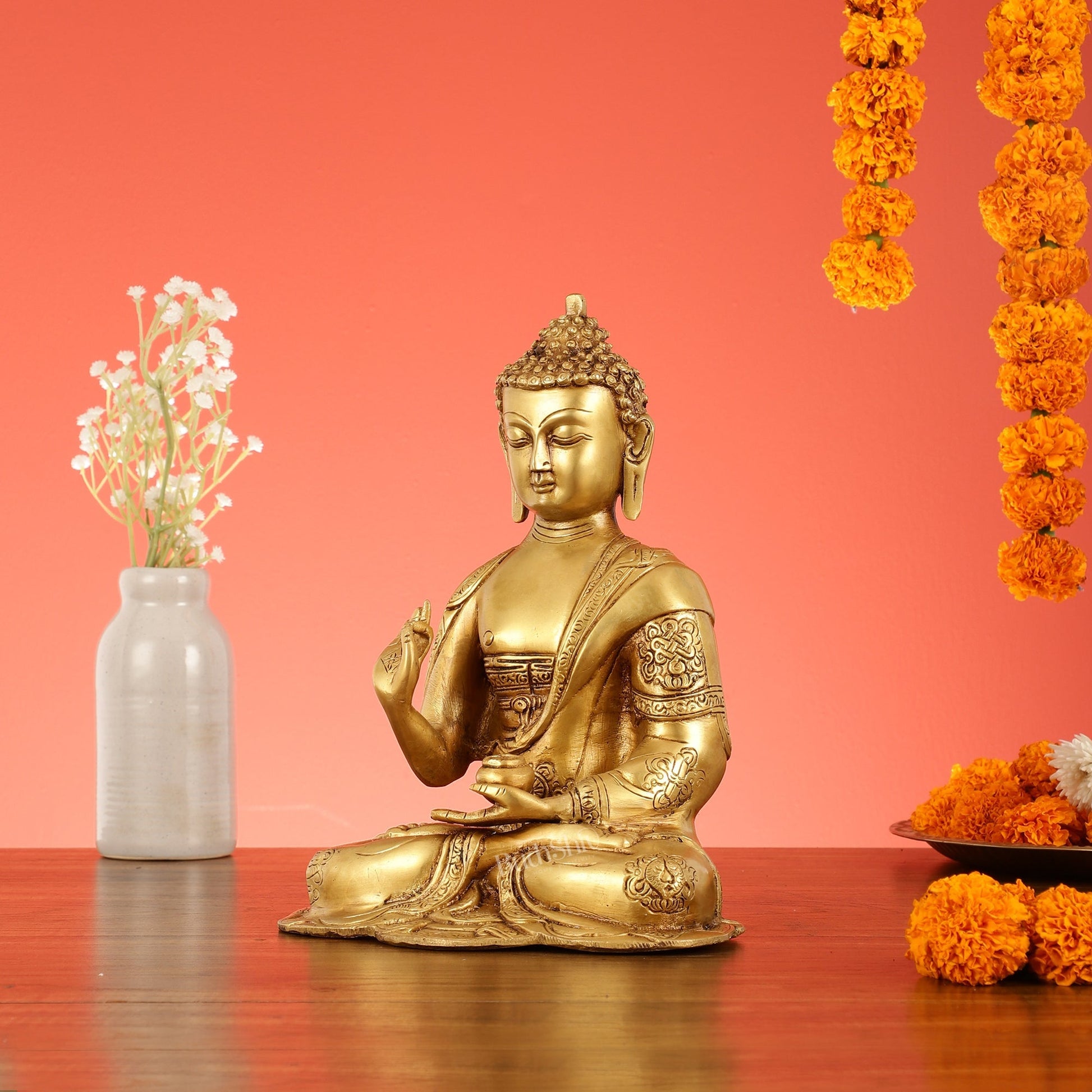 Brass Buddha Idol with Abhaya Mudra - 10 Inch