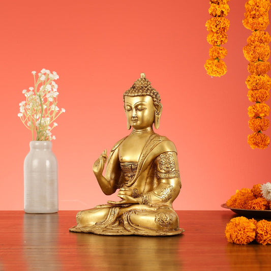 Brass Buddha Idol with Abhaya Mudra - 10 Inch