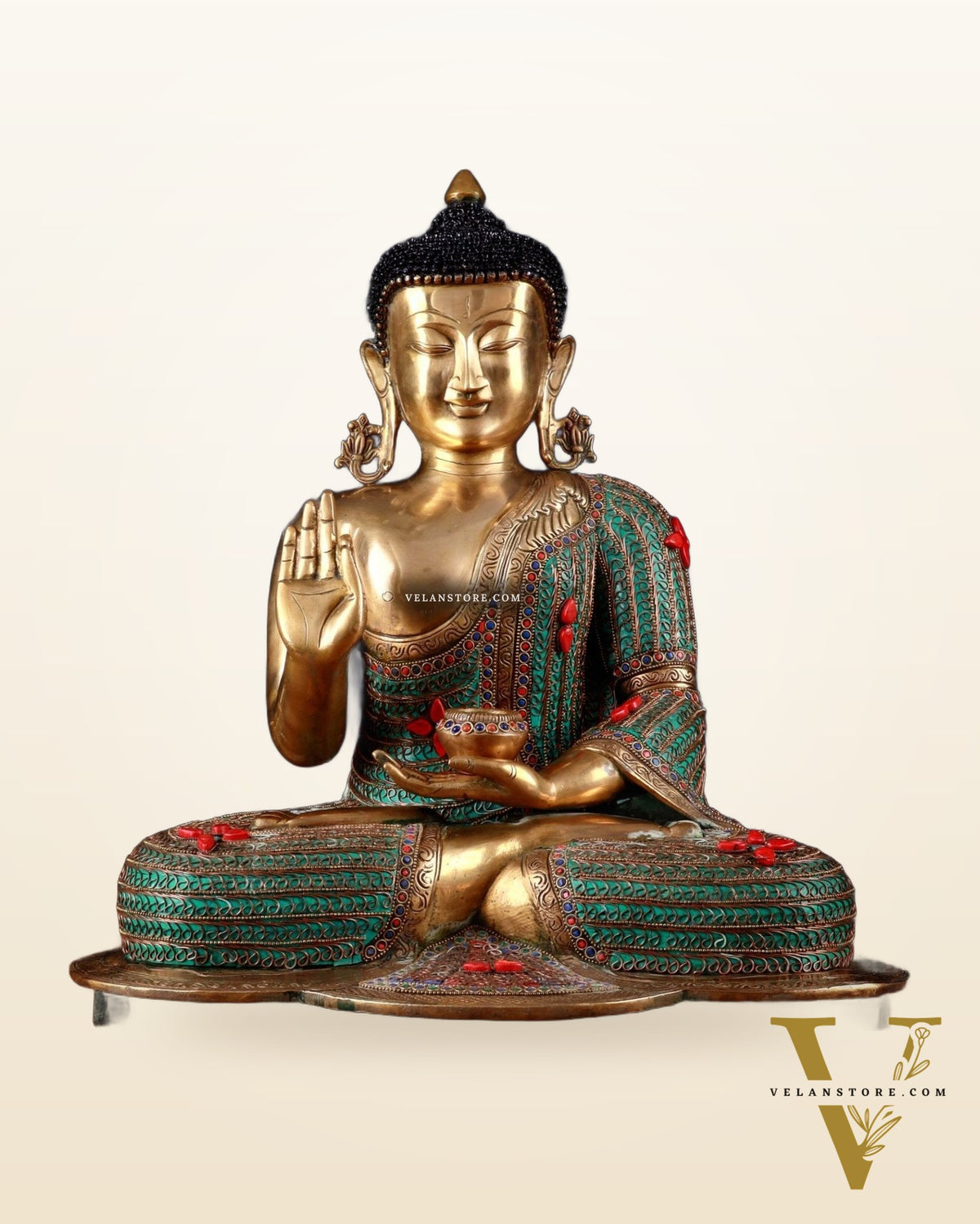 Brass Buddha Idol with Copper Wire Meenakari Work & Black Hair – 20"