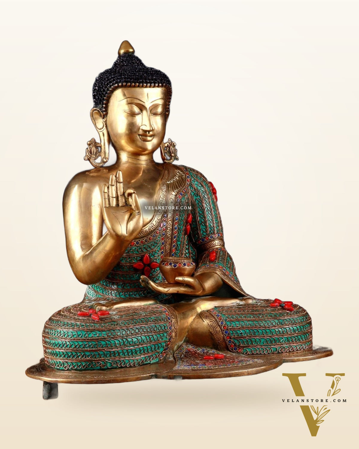 Brass Buddha Idol with Copper Wire Meenakari Work & Black Hair – 20"