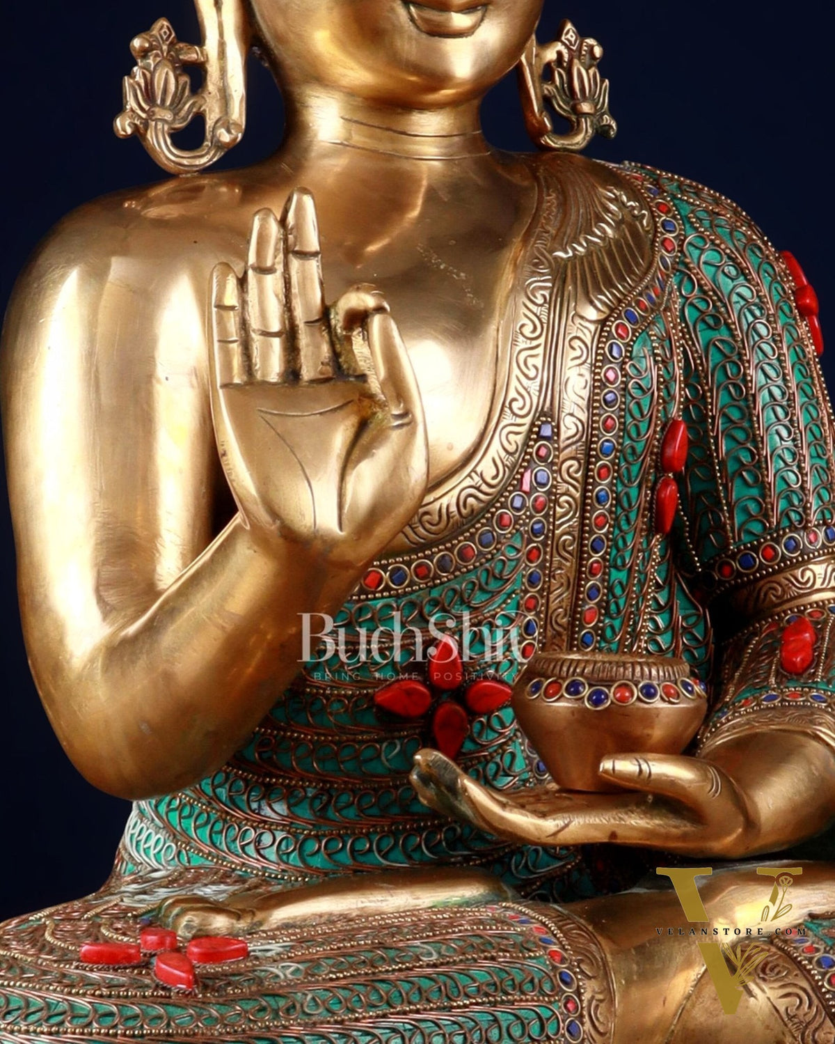Brass Buddha Idol with Copper Wire Meenakari Work & Black Hair – 20"
