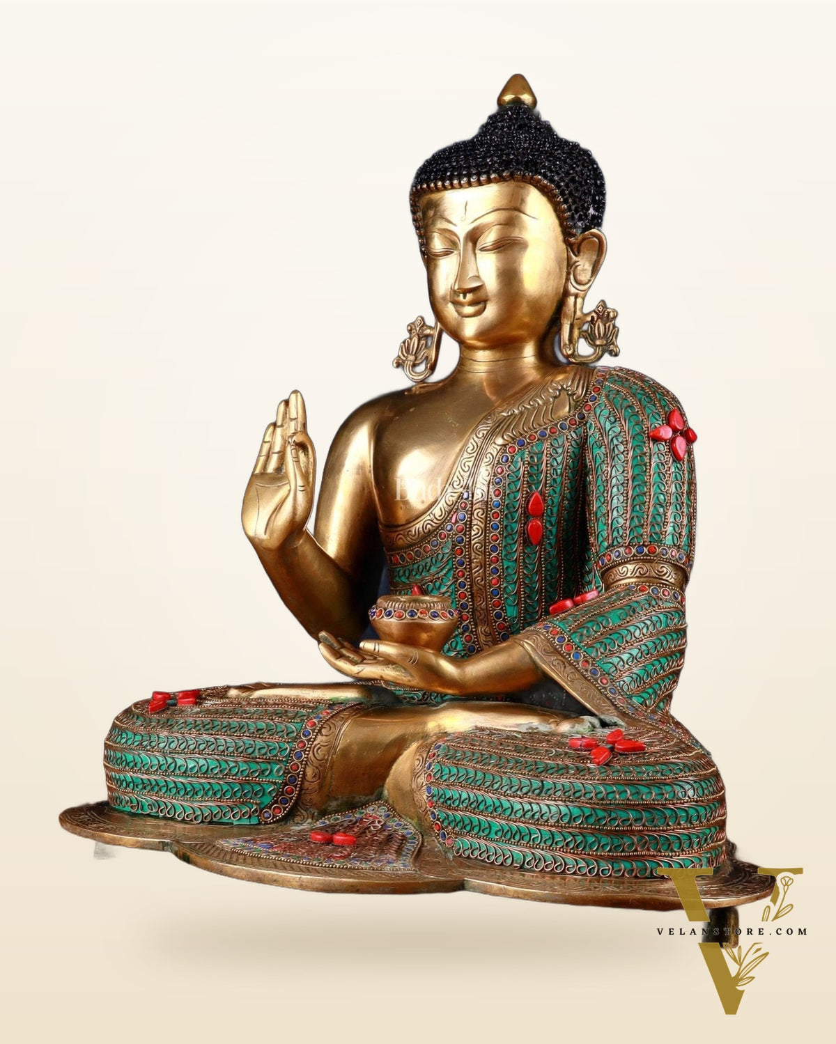 Brass Buddha Idol with Copper Wire Meenakari Work & Black Hair – 20"