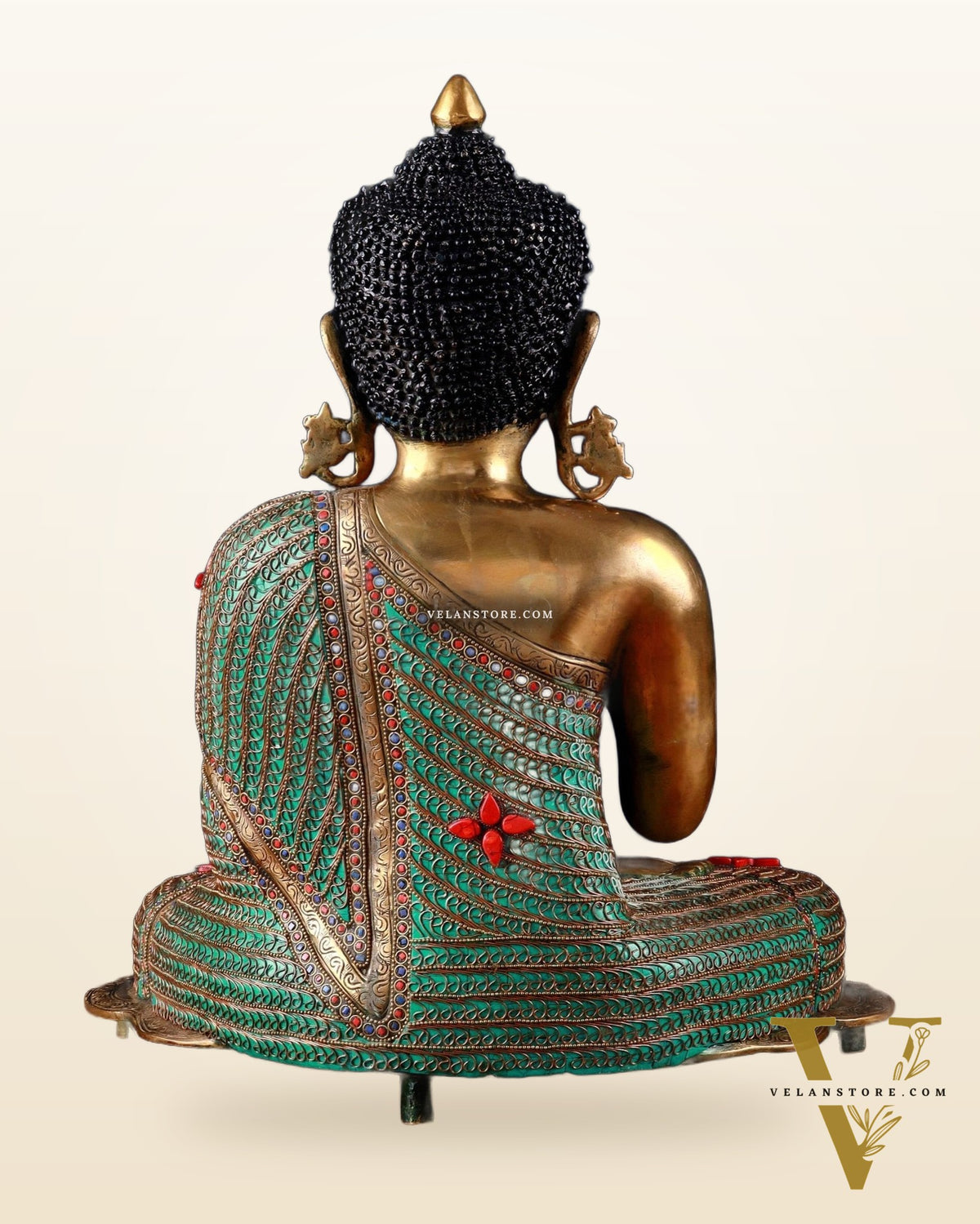 Brass Buddha Idol with Copper Wire Meenakari Work & Black Hair – 20"