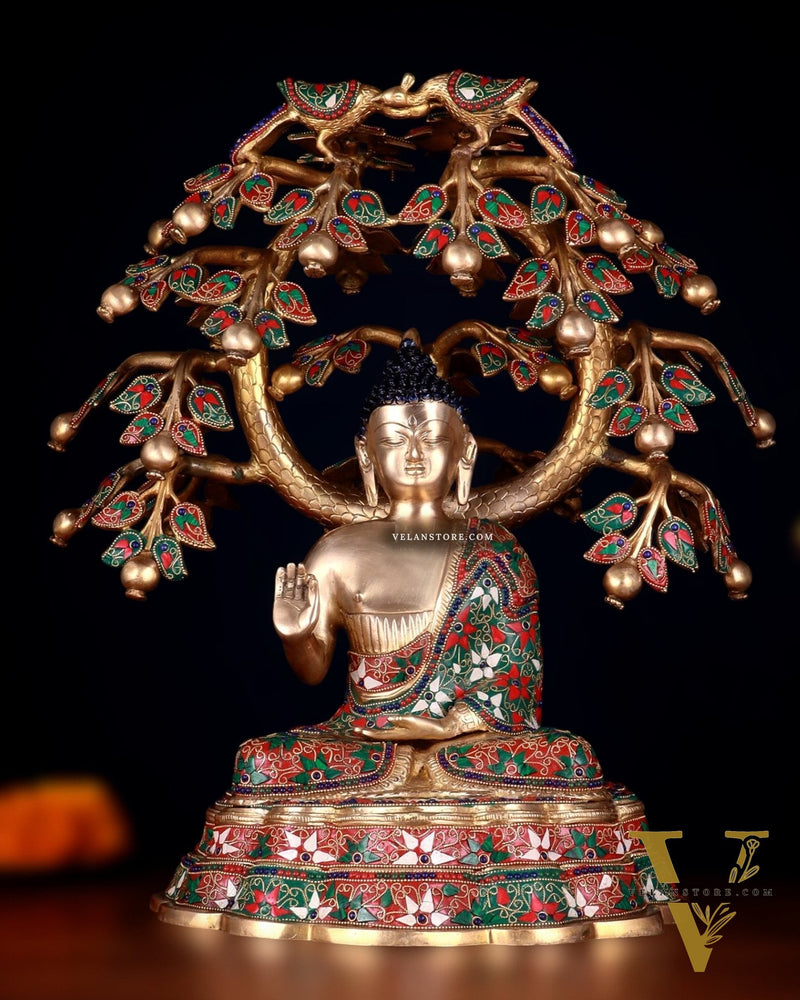 Brass Buddha Sitting Under Tree Statue – Adorned with Natural Stones, 21 Inch