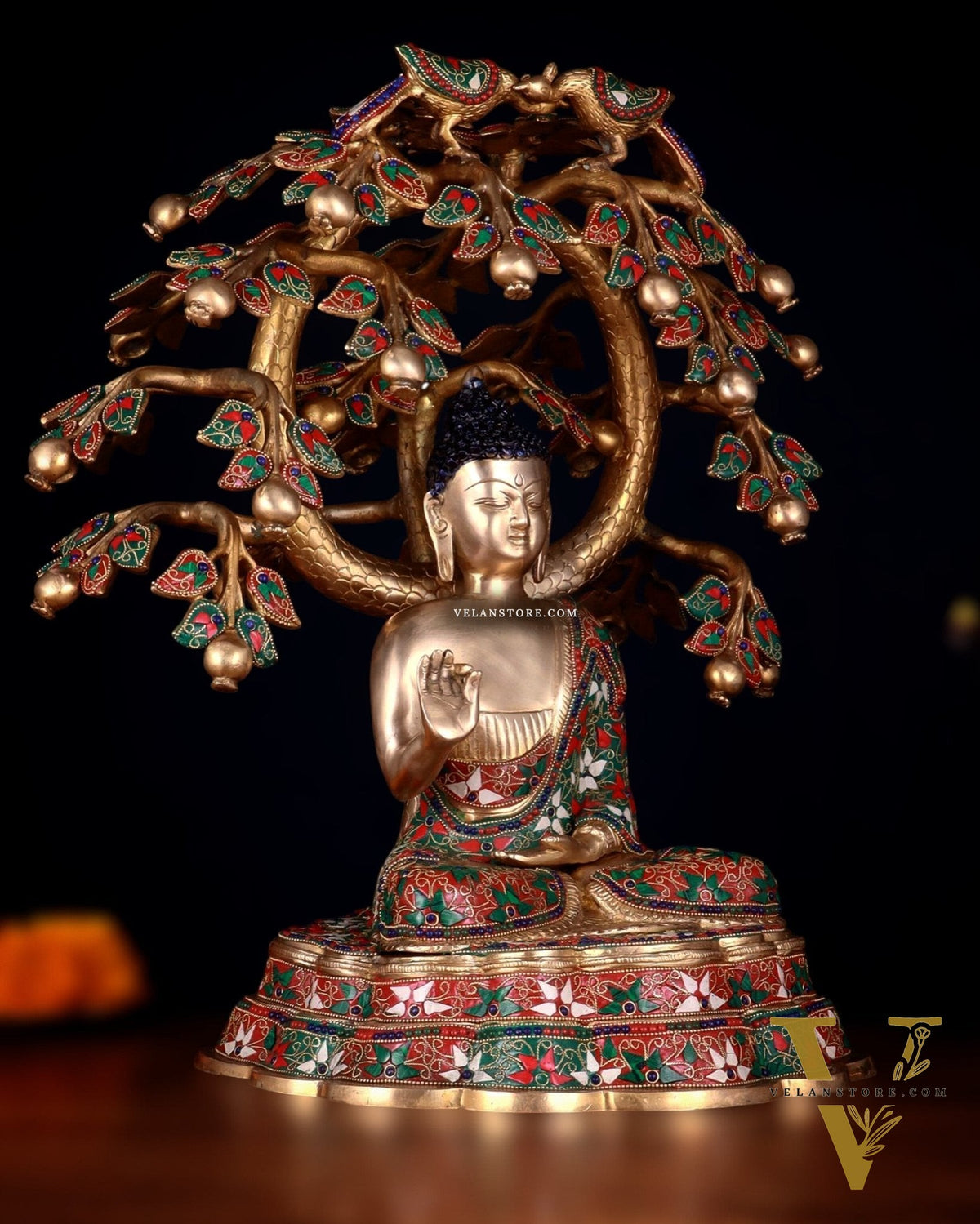 Brass Buddha Sitting Under Tree Statue – Adorned with Natural Stones, 21 Inch