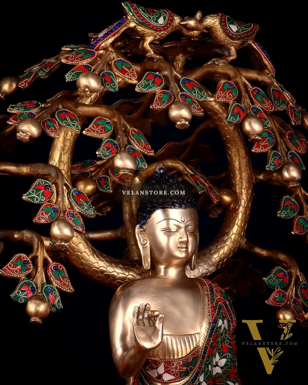 Brass Buddha Sitting Under Tree Statue – Adorned with Natural Stones, 21 Inch
