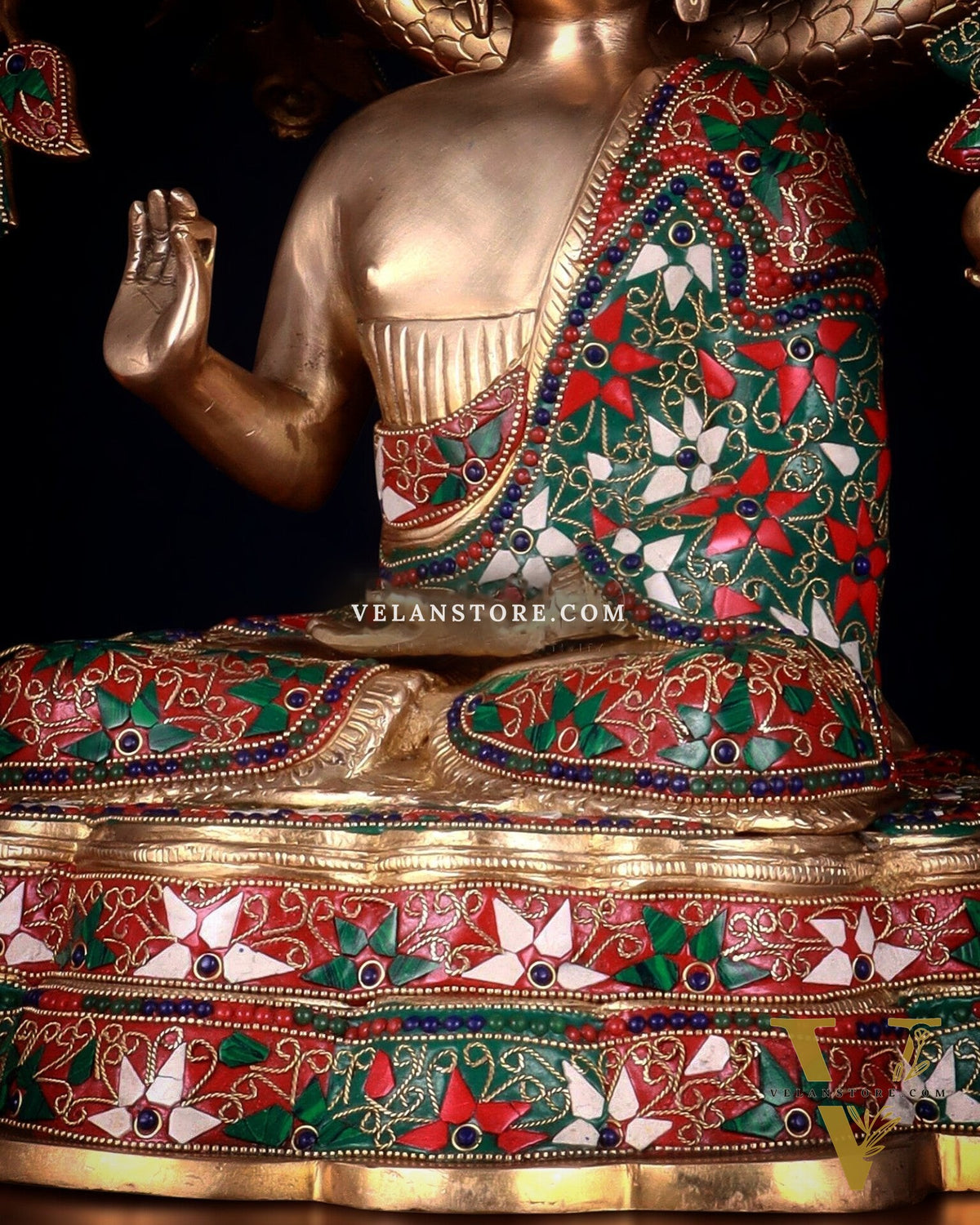 Brass Buddha Sitting Under Tree Statue – Adorned with Natural Stones, 21 Inch