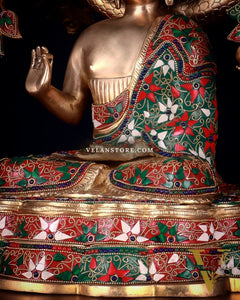 Brass Buddha Sitting Under Tree Statue – Adorned with Natural Stones, 21 Inch