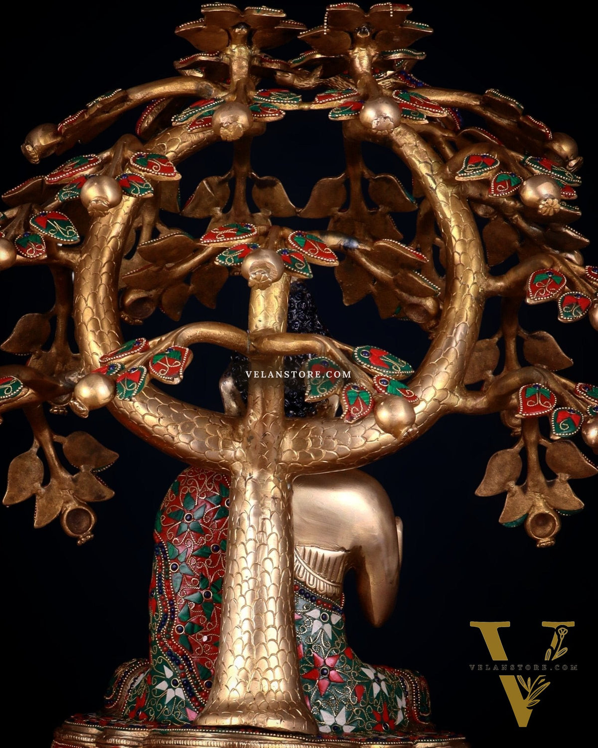 Brass Buddha Sitting Under Tree Statue – Adorned with Natural Stones, 21 Inch
