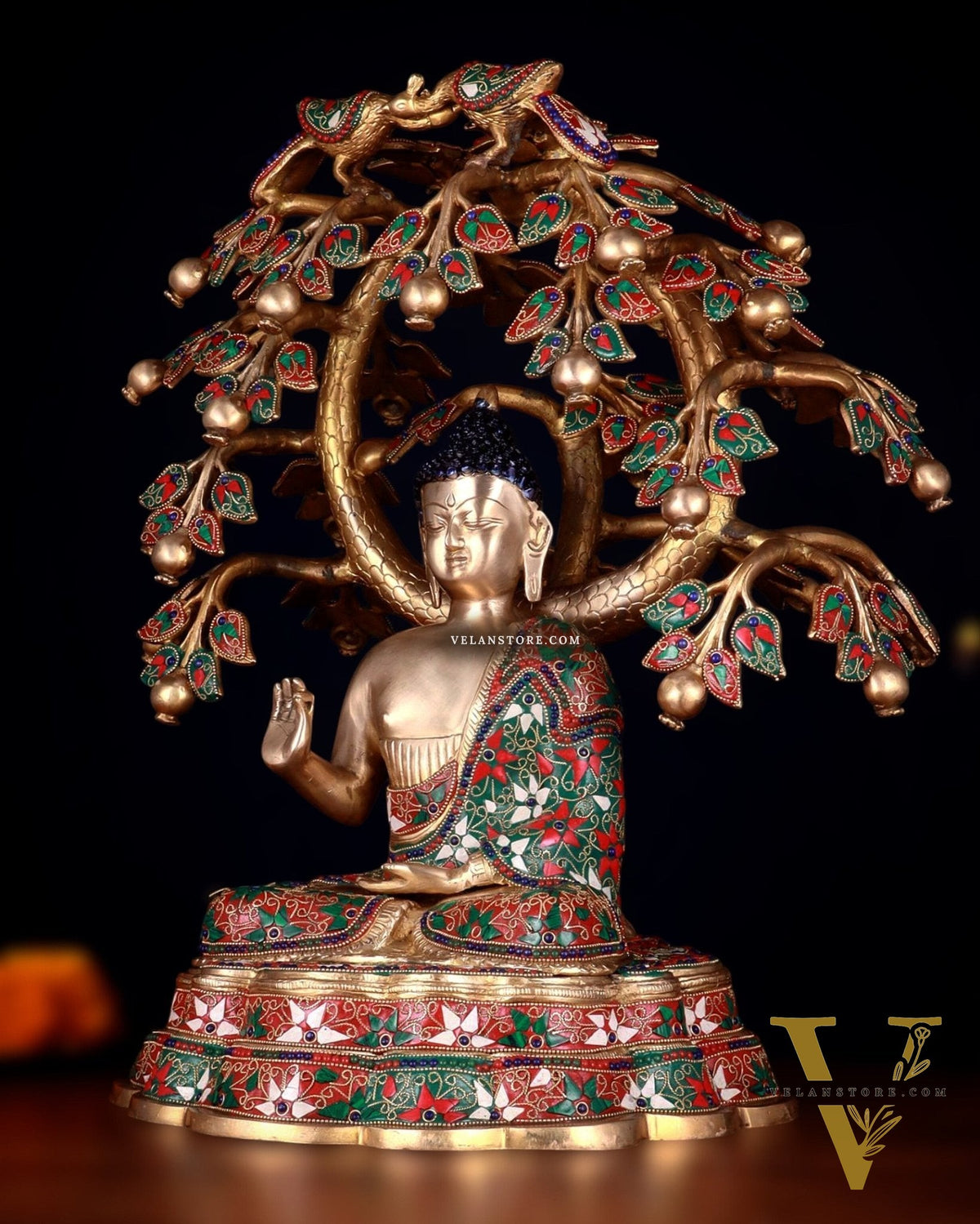 Brass Buddha Sitting Under Tree Statue – Adorned with Natural Stones, 21 Inch