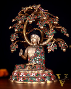 Brass Buddha Sitting Under Tree Statue – Adorned with Natural Stones, 21 Inch