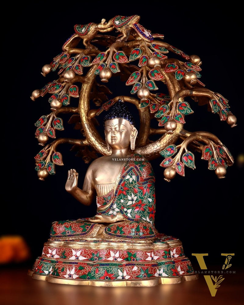 Brass Buddha Sitting Under Tree Statue – Adorned with Natural Stones, 21 Inch