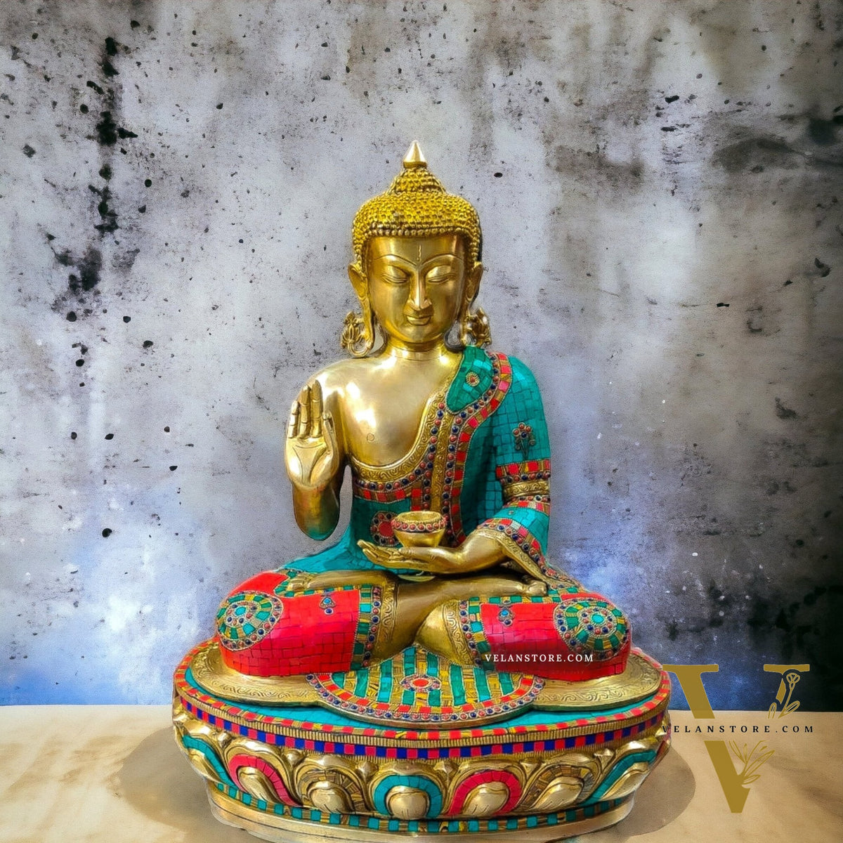 Brass Buddha Statue - 23 inches with Stonework | Serene and Spiritual Decor
